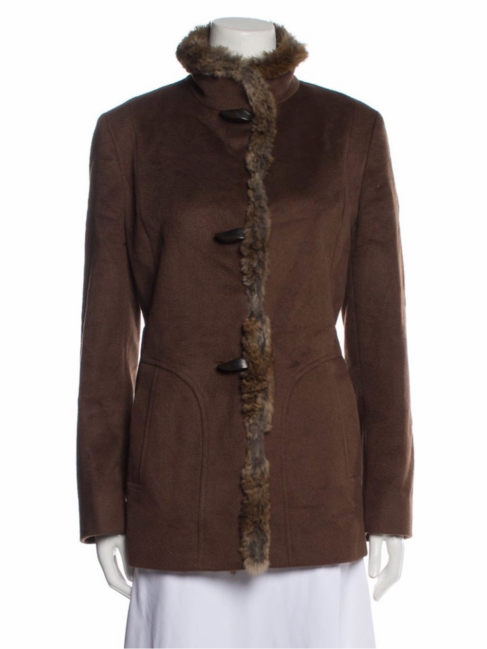 Women's Brown Faux-Suede Toggle Jacket with Fur Trim